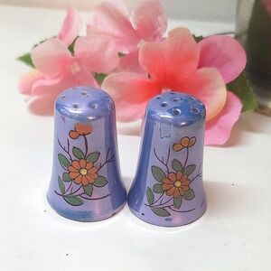 Mini Vintage Orange Flower Blue Iridescent Lusterware Thimble Salt & Pepper Set